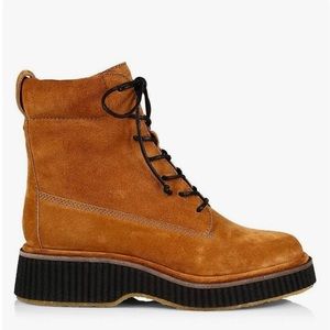 Worn once, cinnamon in color, suede boots. Includes dust bag and 2 sets of laces